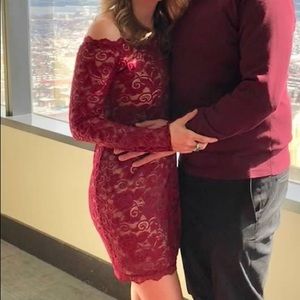 Maroon lace off-the-shoulder long sleeve dress